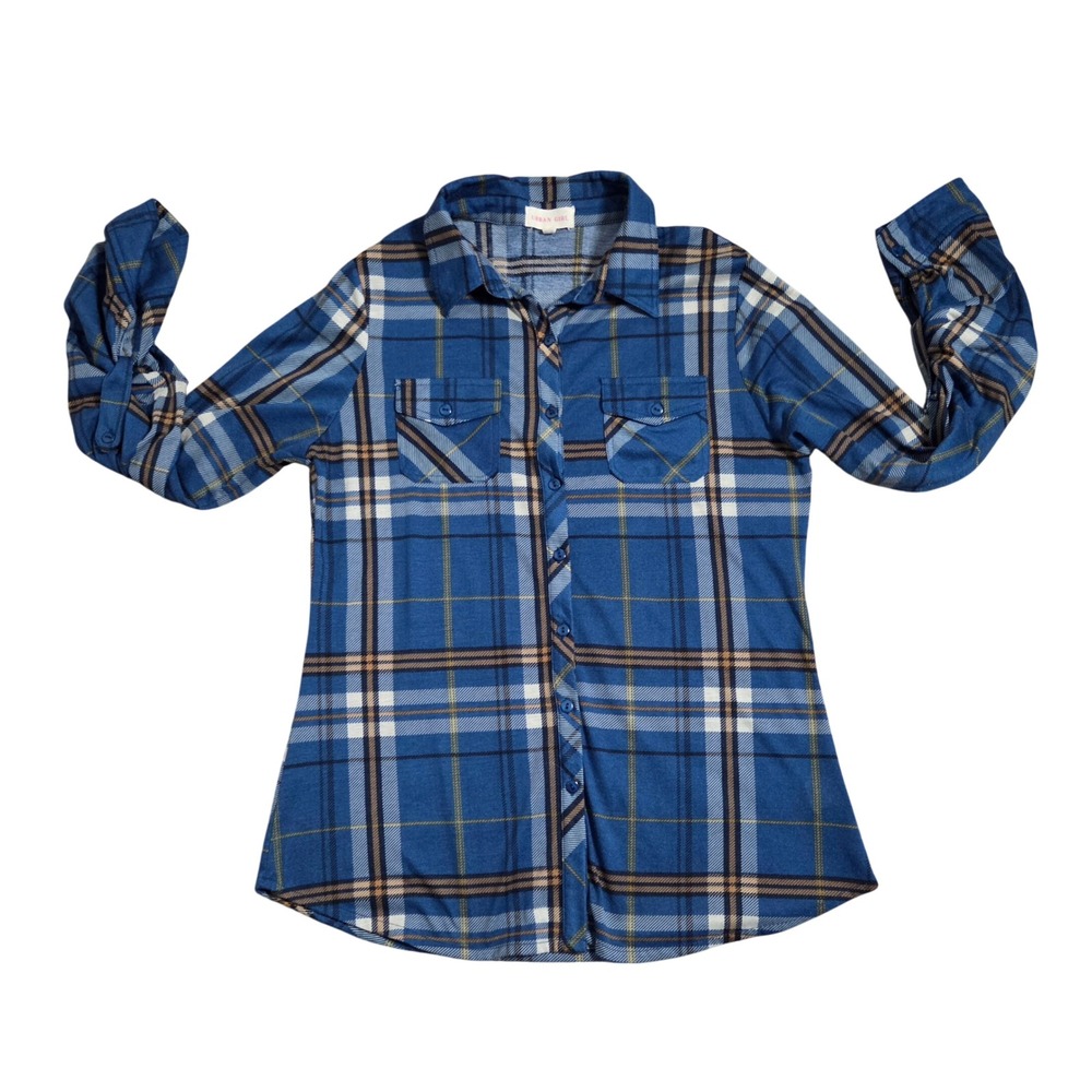Urban Girl Womens Blue Plaid Roll Tab Long Sleeve Button Down Shirt Large